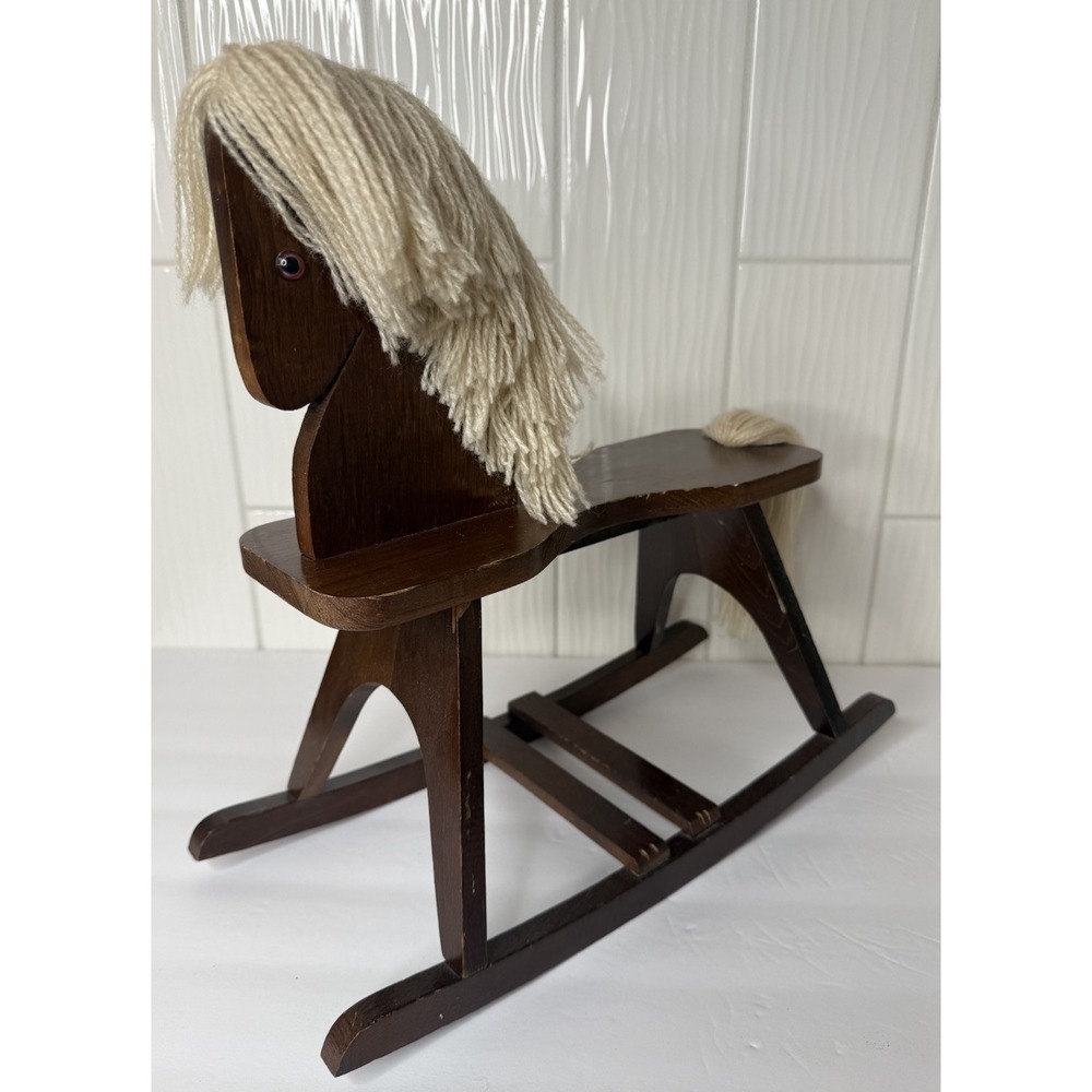 Vintage Wooden Rocking Horse Tabletop w/ Cream Yarn Mane Tail 13.5"H x 14"L GUC